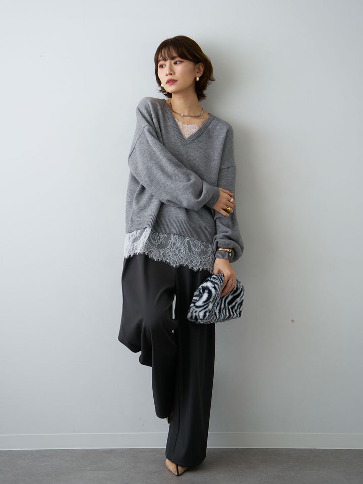 [SET]アルパカタッチレースドッキングVネックニットトップス+アルパカタッチレースドッキングVネックニットトップス(2set)