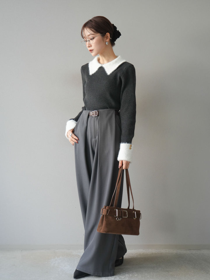 [SET]シャギー襟リブニットトップス+ベルトループデザインワイドパンツ(2set)