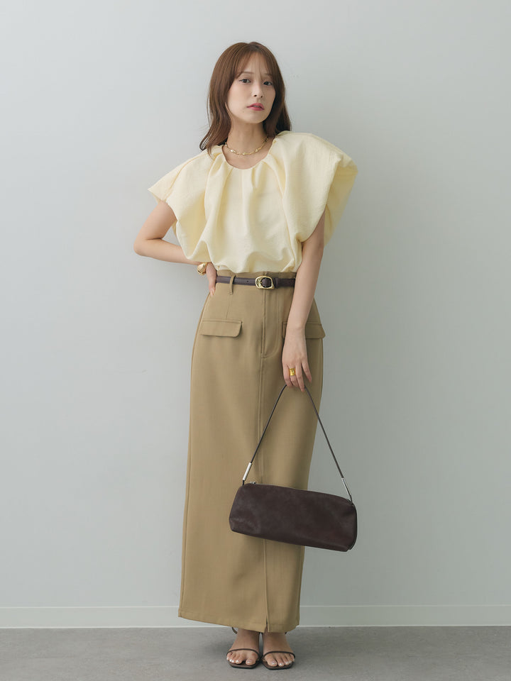 [SET]フレンチタックバルーンブラウス+クレープデシンフラップ付きストレートスカート(2set)