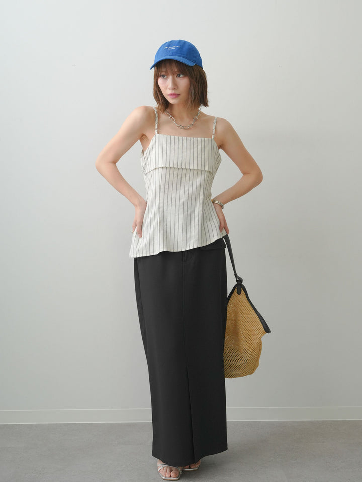 [SET]ストライプアシメキャミソール+クレープデシンフラップ付きストレートスカート(2set)