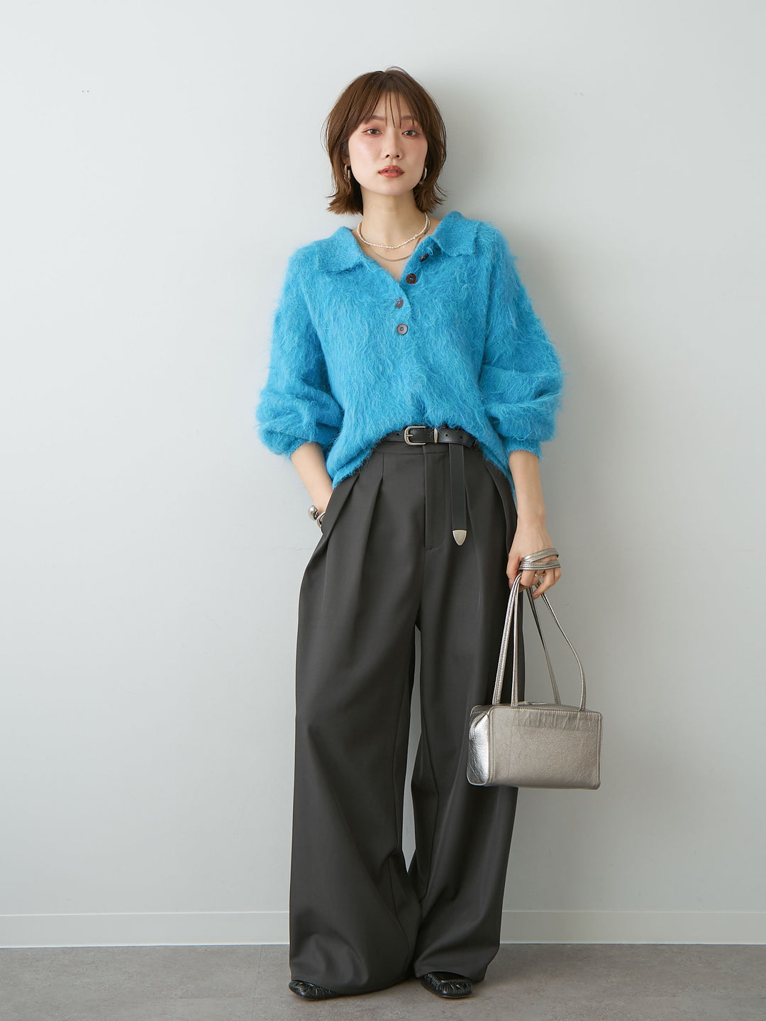 [SET]ヘンリーシャギーニットトップス+ツイルタックワイドパンツ(2set)
