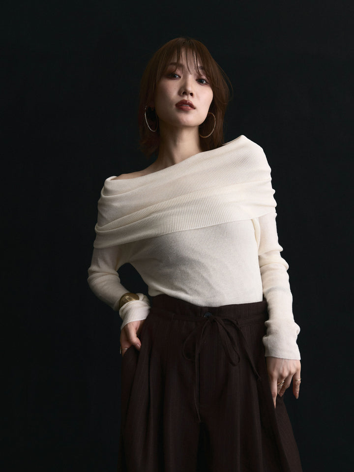 【Allure】[SET]オフショルニットトップス+ウールライクストライプワイドパンツ(2set)