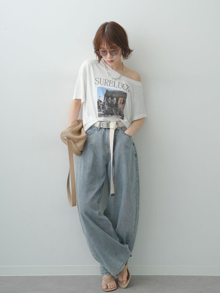 [SET]ワイドネックプリントTEE+ニュアンスウォッシュカーブデニム(2set)