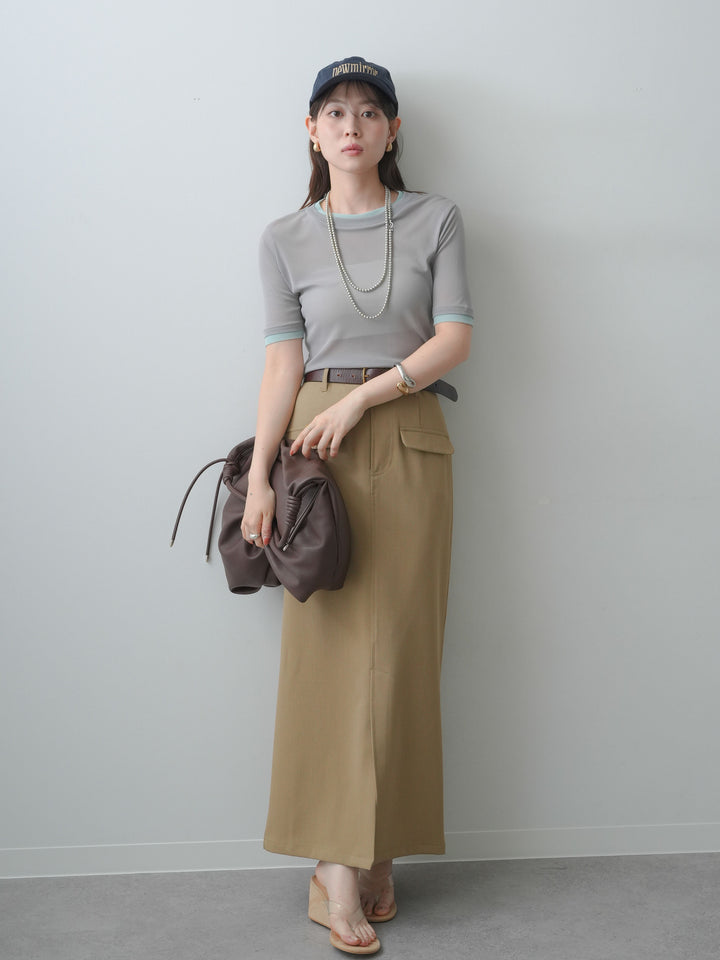 [SET]トリムレイヤードシアー半袖トップス+クレープデシンフラップ付きストレートスカート(2set)