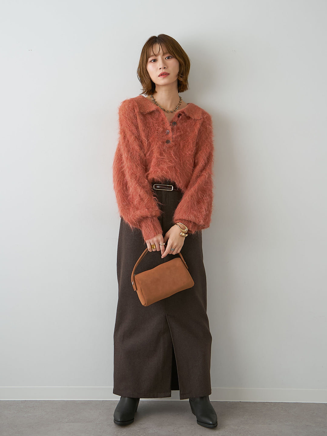 [SET]ヘンリーシャギーニットトップス+メルトンフラップ付ストレートスカート(2set)