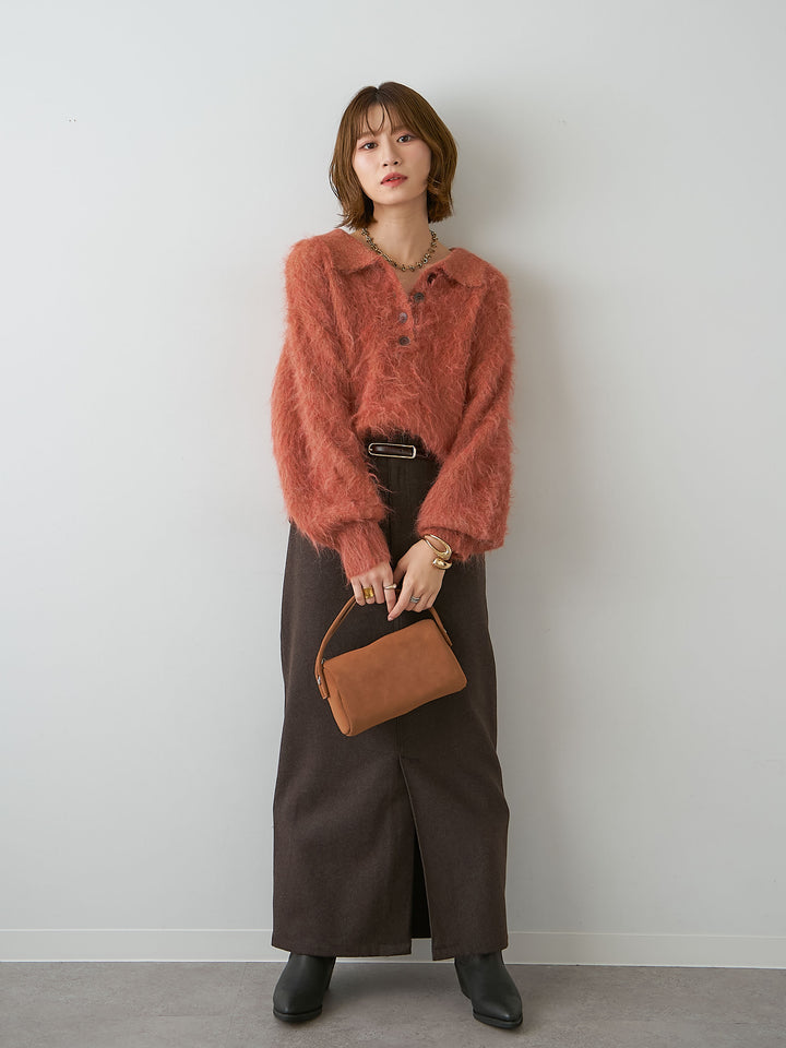 [SET]ヘンリーシャギーニットトップス+メルトンフラップ付ストレートスカート(2set)