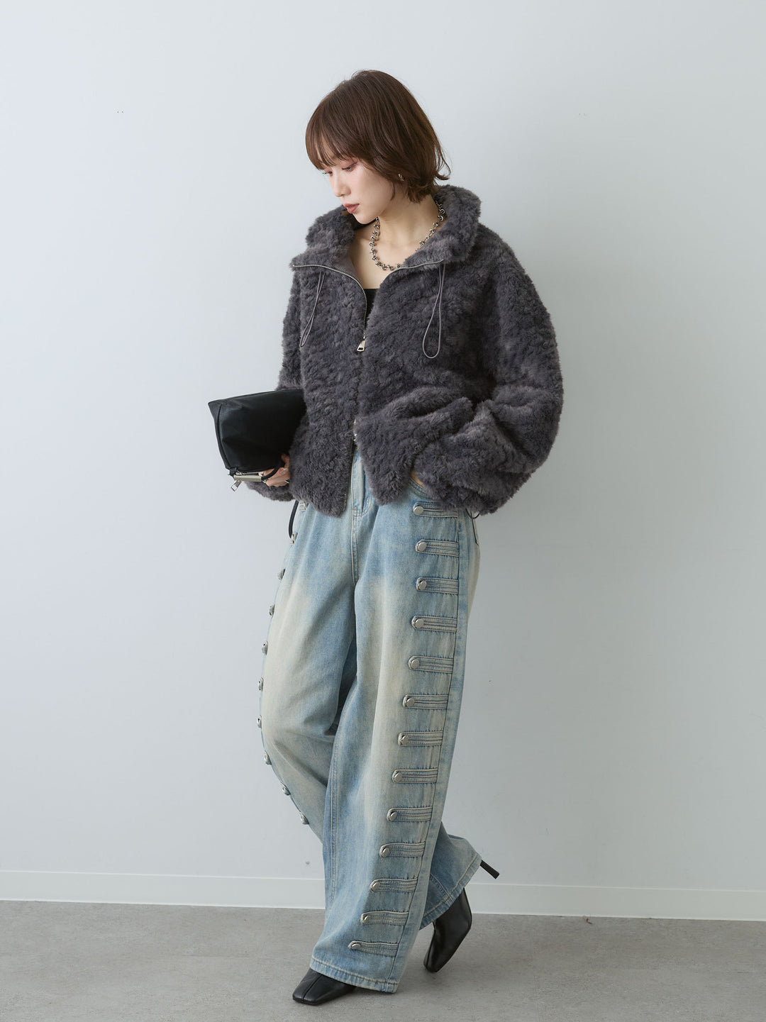 [SET]テディドロストショートブルゾン+カップ付テレコリブベアキャミソール+ナポレオンライトウォッシュワイドデニム(3set)
