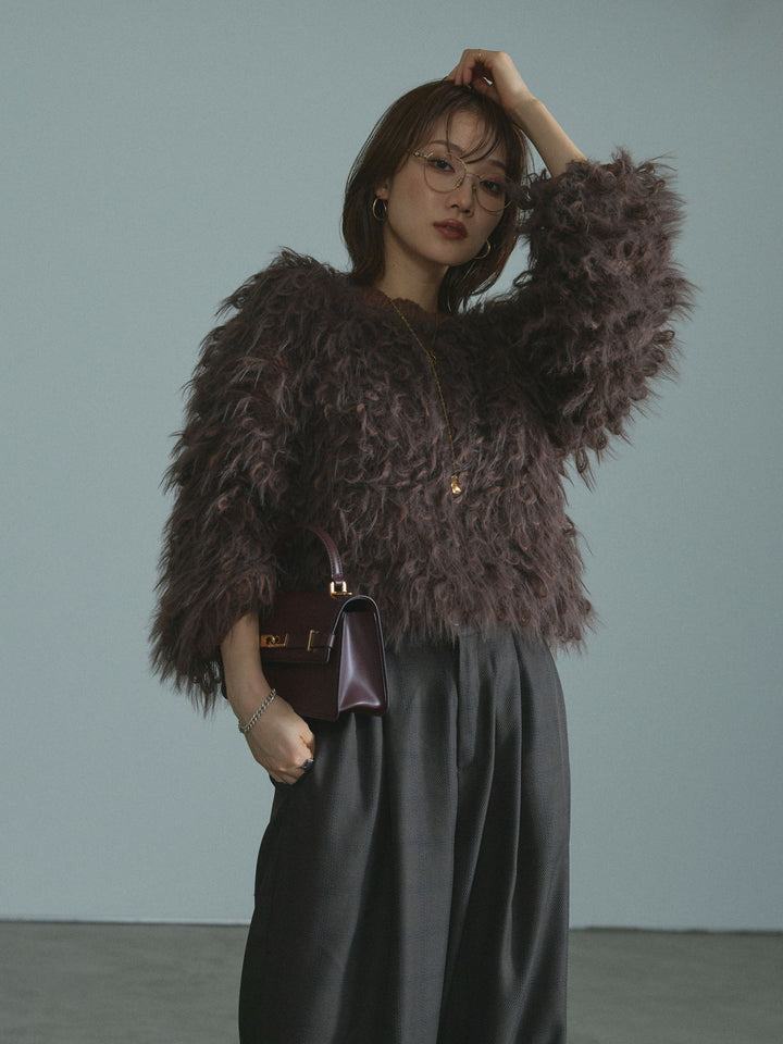 【Allure】[SET]ミックスシャギーループニットプルオーバー+杢チェックタックパンツ(2set)