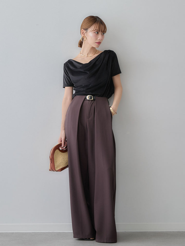 [SET]アシメネックシアーベロアトップス+ベルトループデザインワイドパンツ(2set)