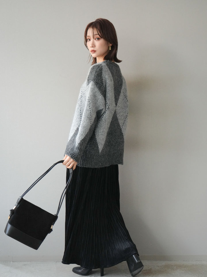 [SET]アーガイルオーバーニットプルオーバー+スエードワッシャープリーツスカート(2set)