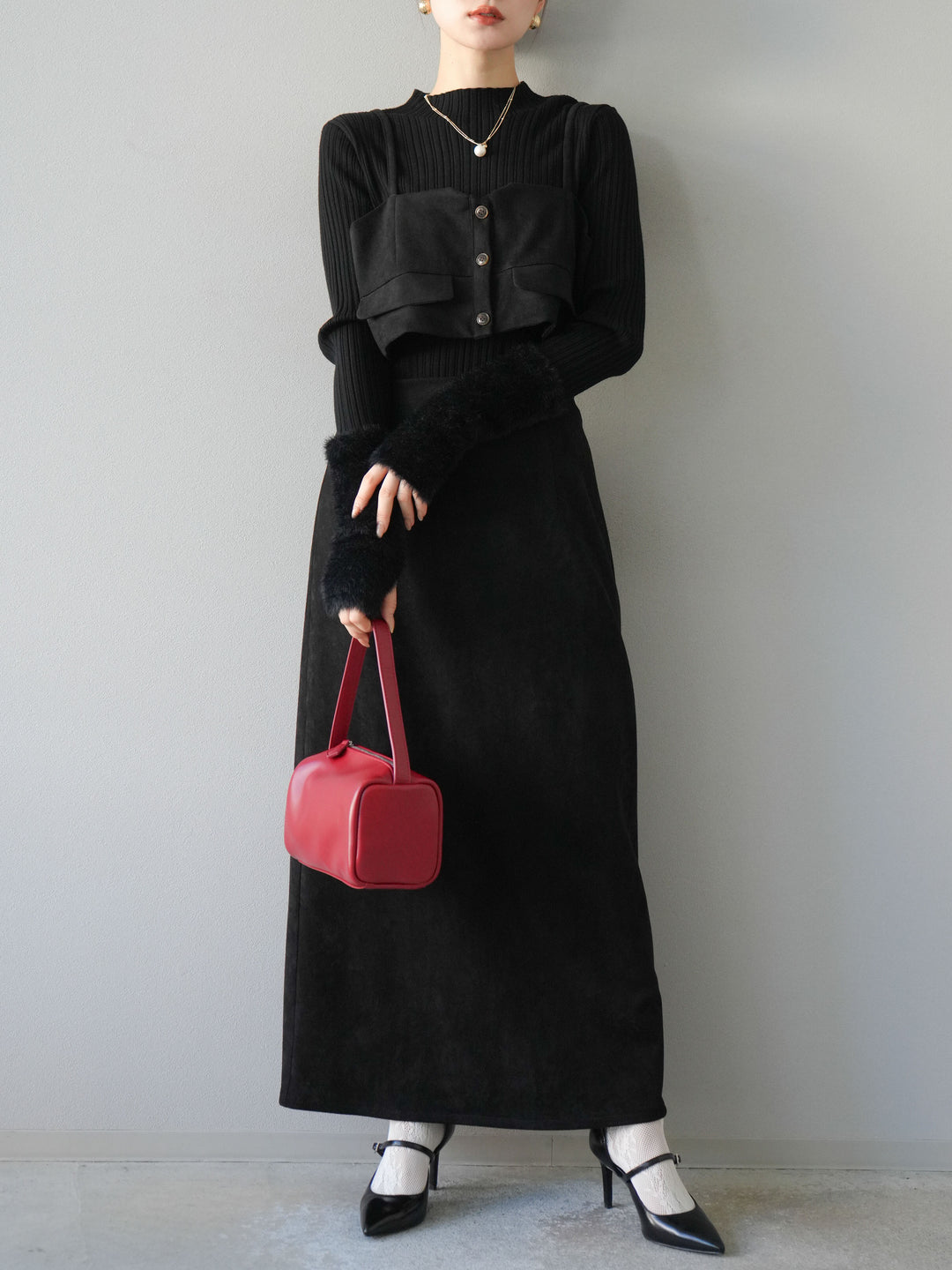 [SET]スウェードビスチェ+アームシャギーランダムリブニットトップス+スウェードIラインスカート(3set)