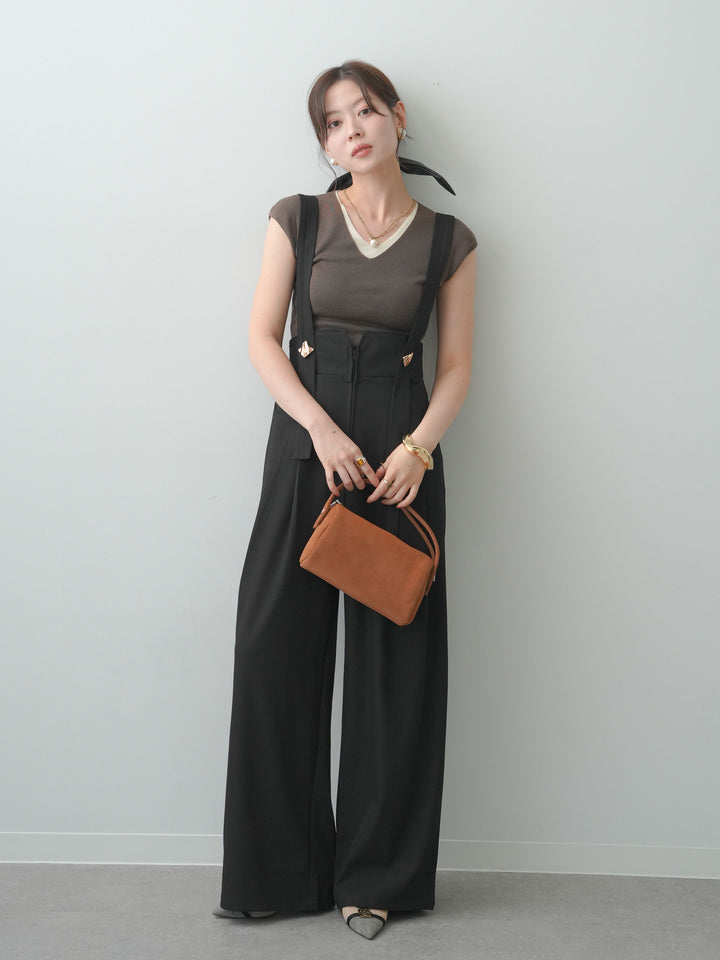 [予約]フロントレイヤードVネックニットトップス/brown