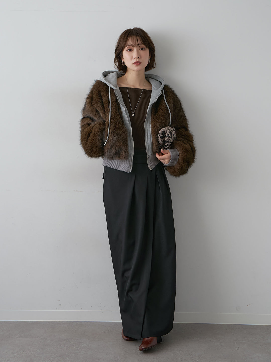 [予約]スウェットファードッキングフードブルゾン/brown