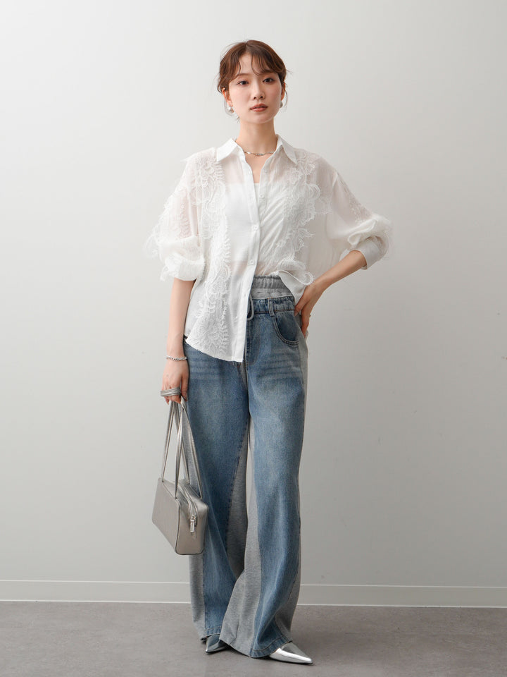 [SET]レースデザインドレープオーバーシャツ+レースデザインドレープオーバーシャツ(2set)