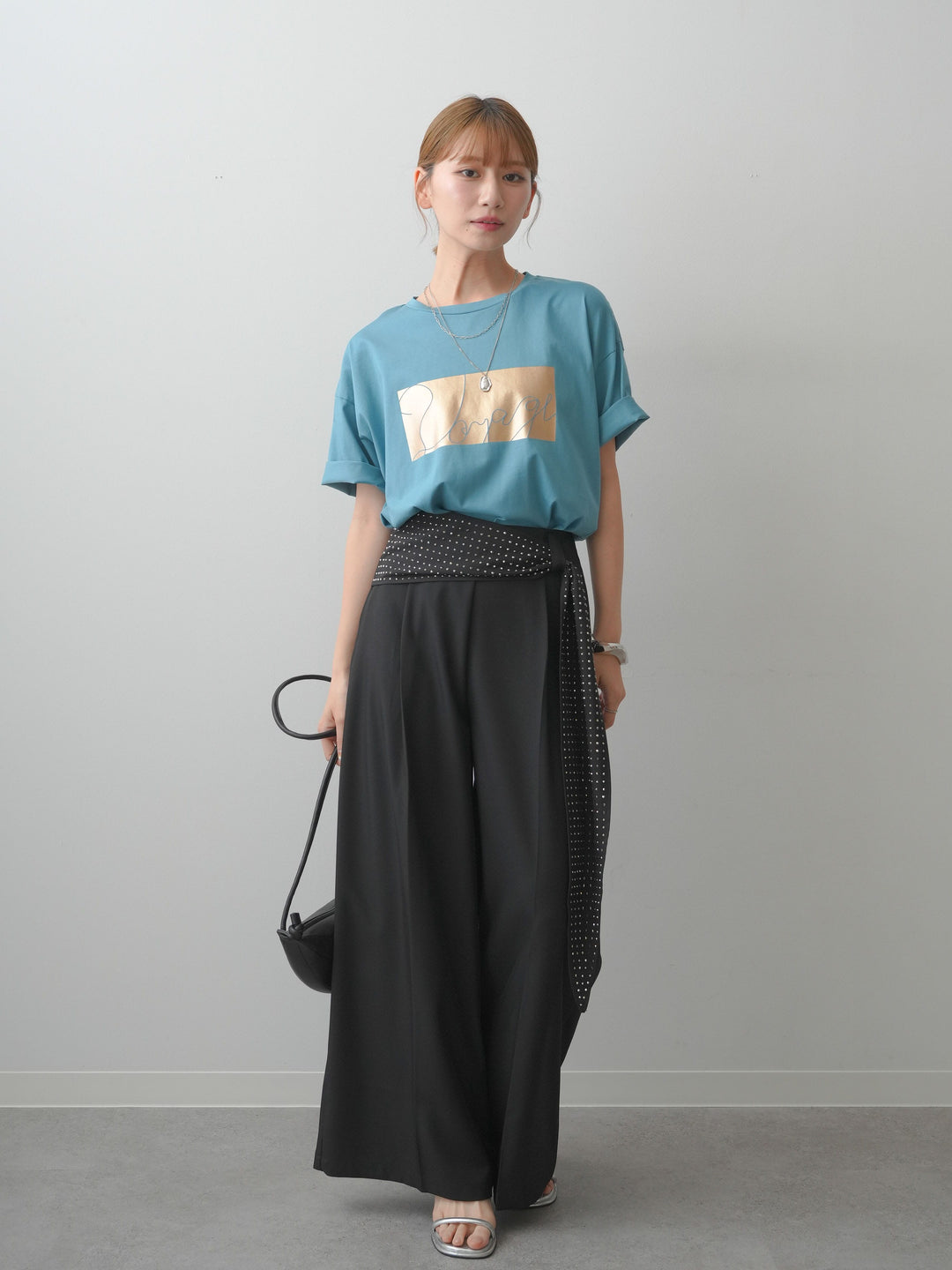[SET]箔プリントボックスTEE+ビジューベルトタックワイドパンツ(2set)