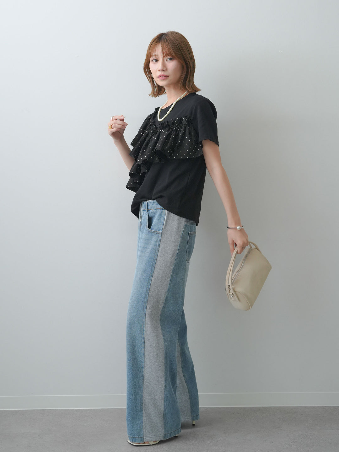 [SET]ドットギャザーフリルデザインTEE+デニム切替スウェットパンツ(2set)