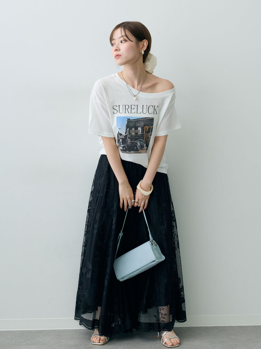 [SET]ワイドネックプリントTEE+ボタニカルパネルレースフレアスカート(2set)