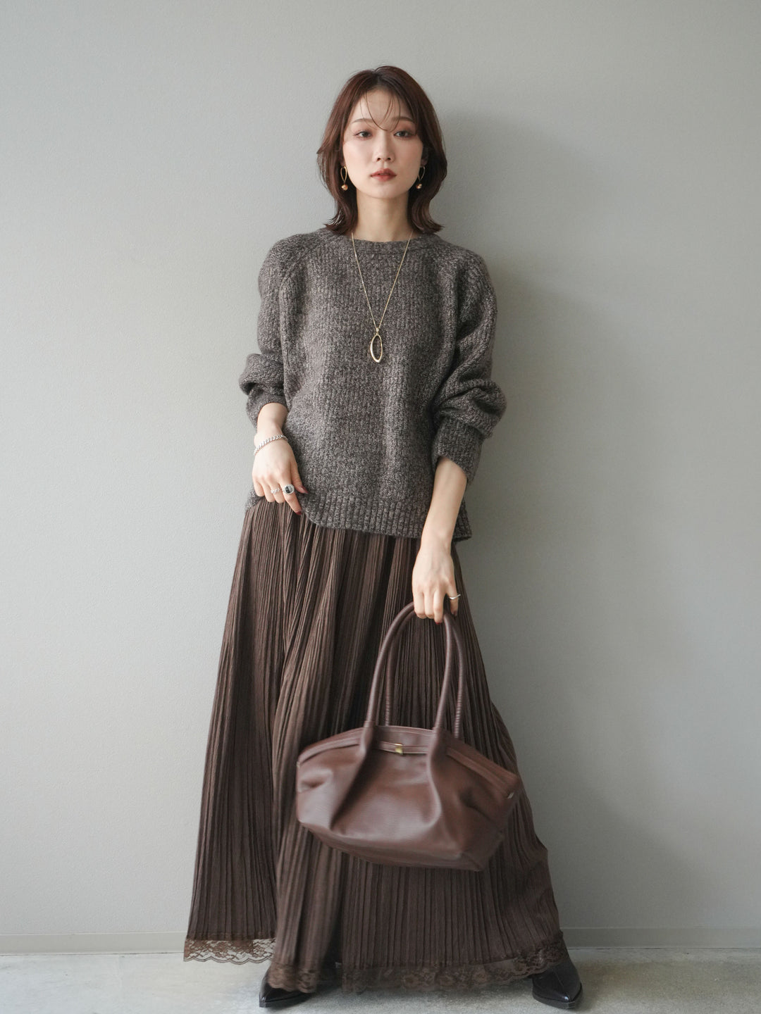 [予約]クルーネック畦編みミックスニット/brown