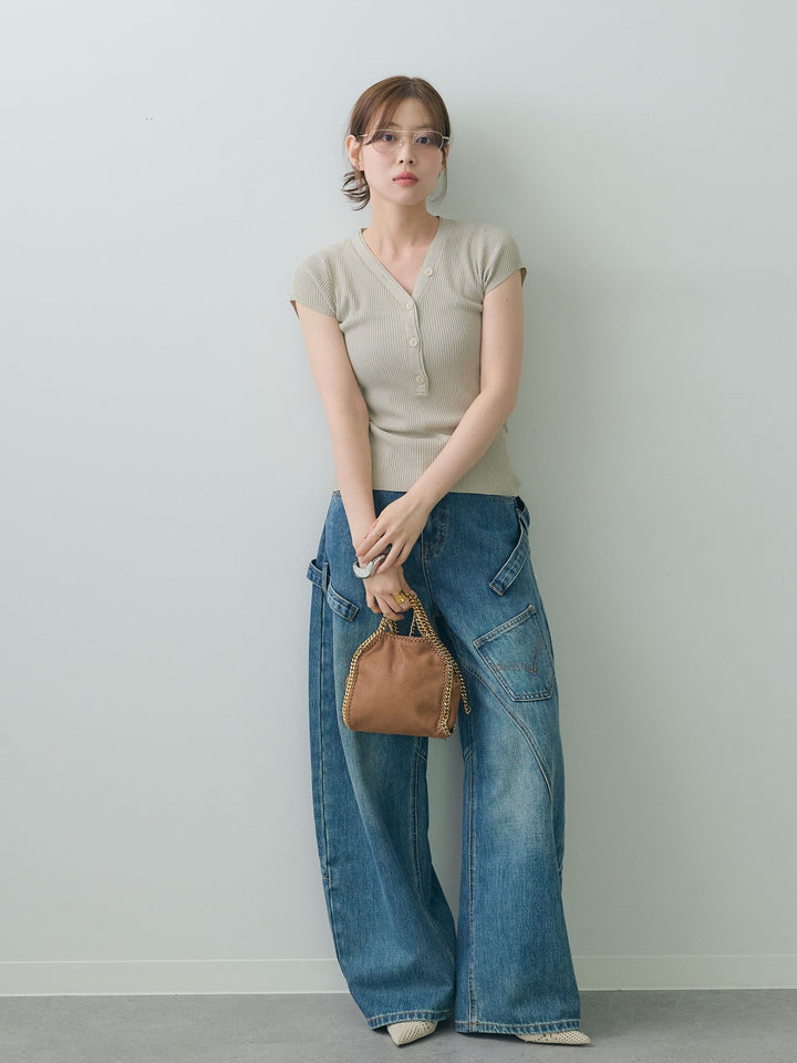 [予約]ネックレイヤードヘンリーVネックリブニットトップス/beige