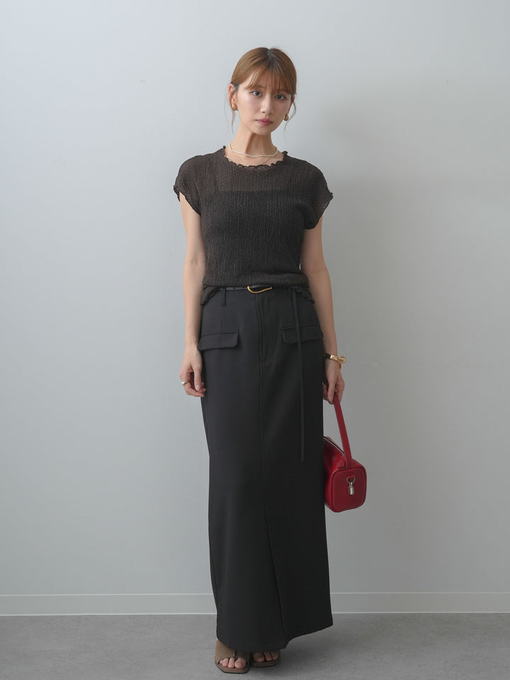 [SET]シャーリングシアーバックオープンフレンチトップス+クレープデシンフラップ付きストレートスカート(2set)