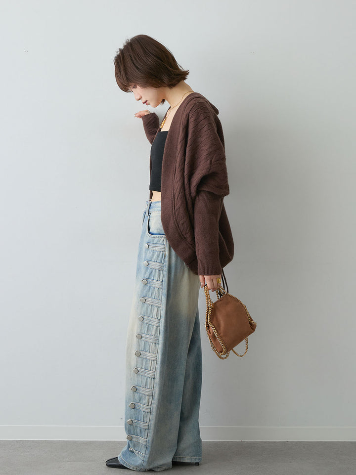 [SET]バックギャザーニットボレロ+カップ付テレコリブベアキャミソール+ナポレオンライトウォッシュワイドデニム(3set)