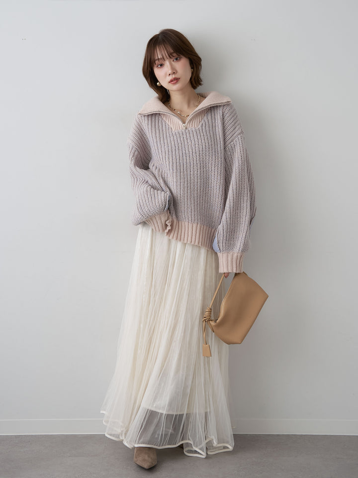 [予約]バイカラーハーフジップリブニットトップス/beige