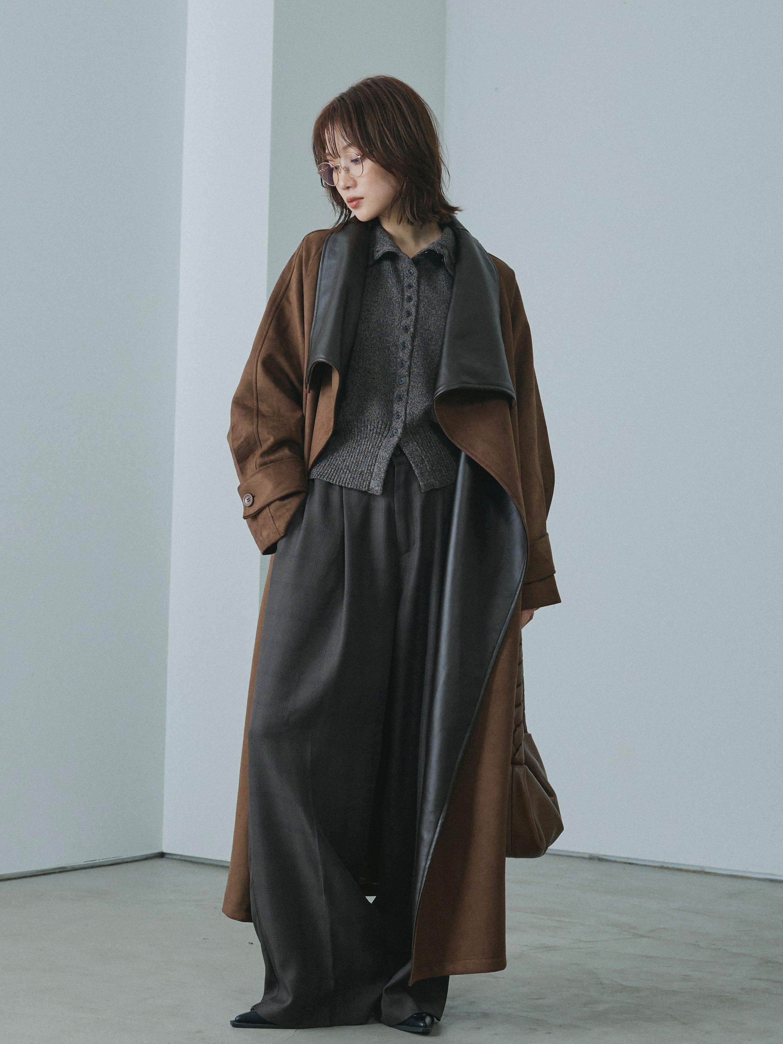 Allure】[SET]レザーカラースウェードロングコート+ミックスハイネック