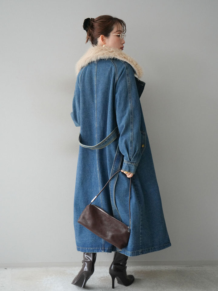 [予約]ファー襟デニムロングコート/blue