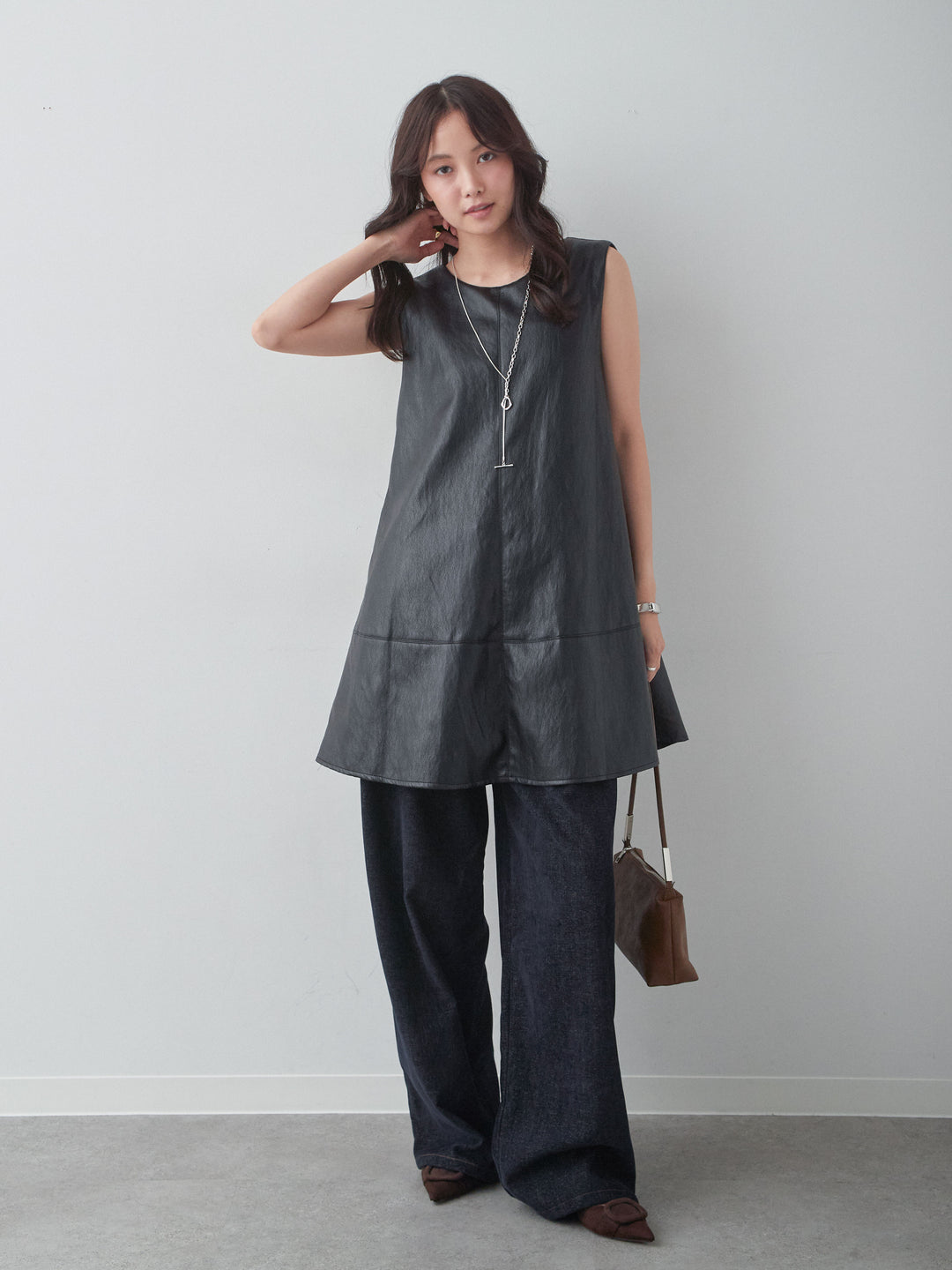 [SET]レザータッチミニワンピース+ベロアデニムタックワイドパンツ(2set)