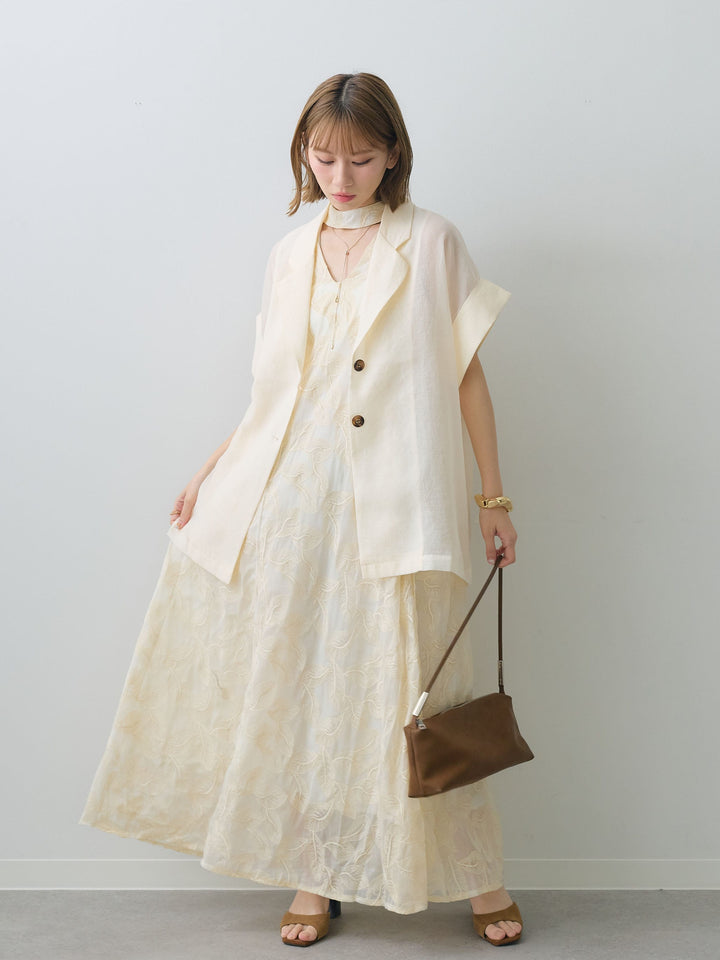 【套裝】葉子刺繡吊帶洋裝+透視寬鬆短袖外套（兩件套）