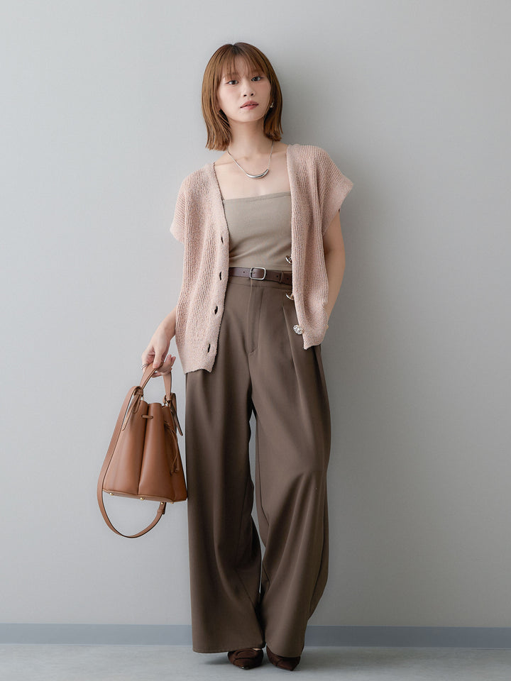 [SET]ゴールドボタンリブニットベスト+クレープデシンタックワイドパンツ(2set)