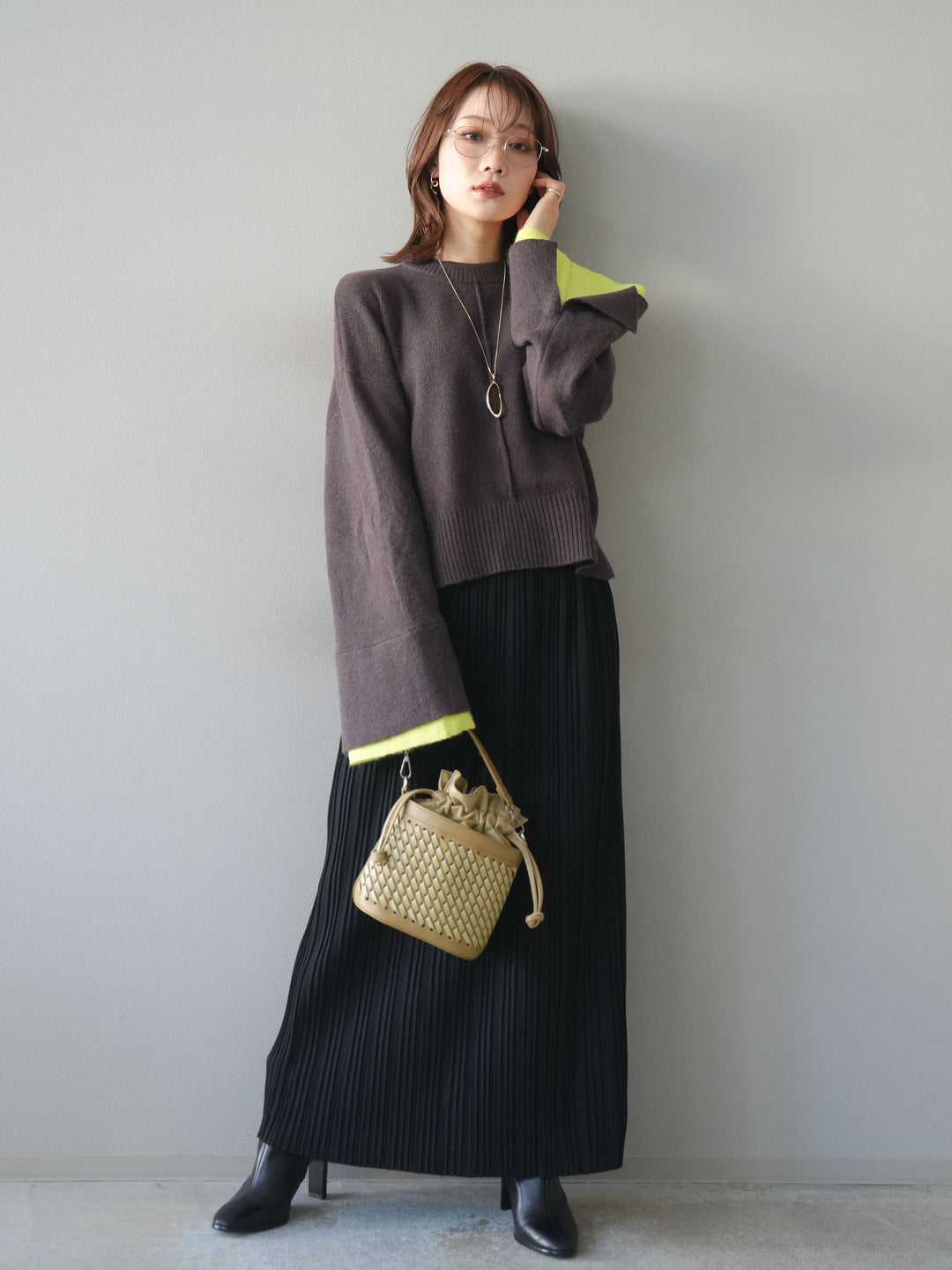 [予約]袖レイヤード配色ニットプルオーバー/brown