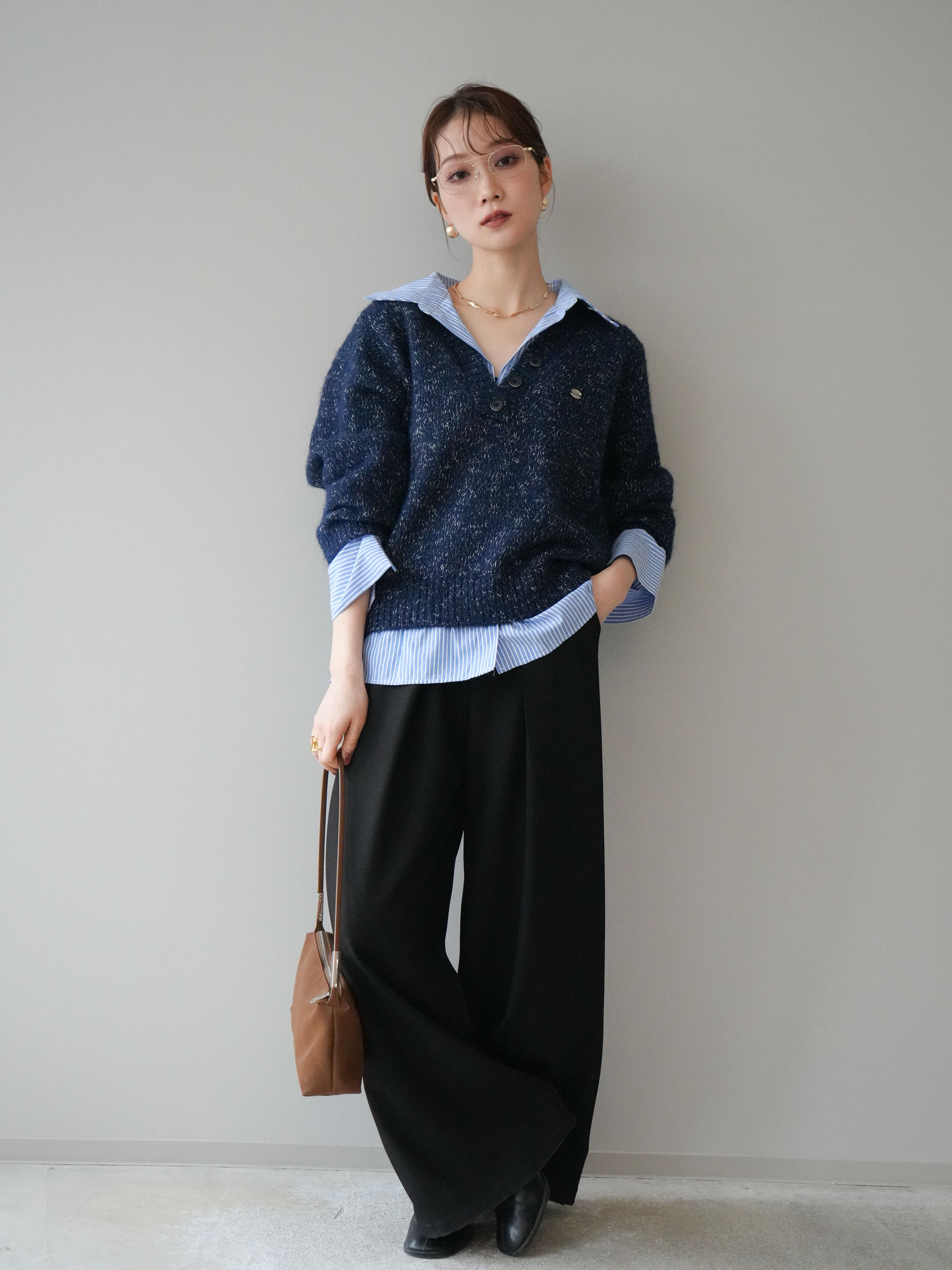予約]ストライプシャツドッキングMIXヤーンニットプルオーバー/navy