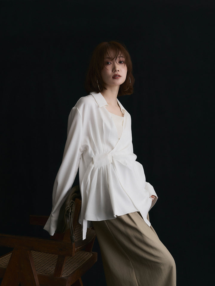 【Allure】[SET]ドレープデザインシャツ+ベルト付ダブルループワイドパンツ(2set)