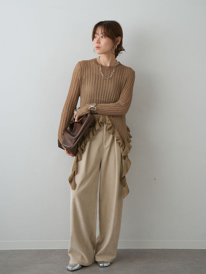 [予約]ヘムフリル透かし編みニットトップス/beige