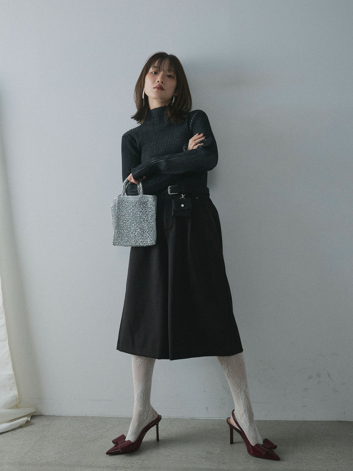 【Allure】[SET]プレーティングハイネックプルオーバー+ベルト付ウールタッチミディアムパンツ(2set)