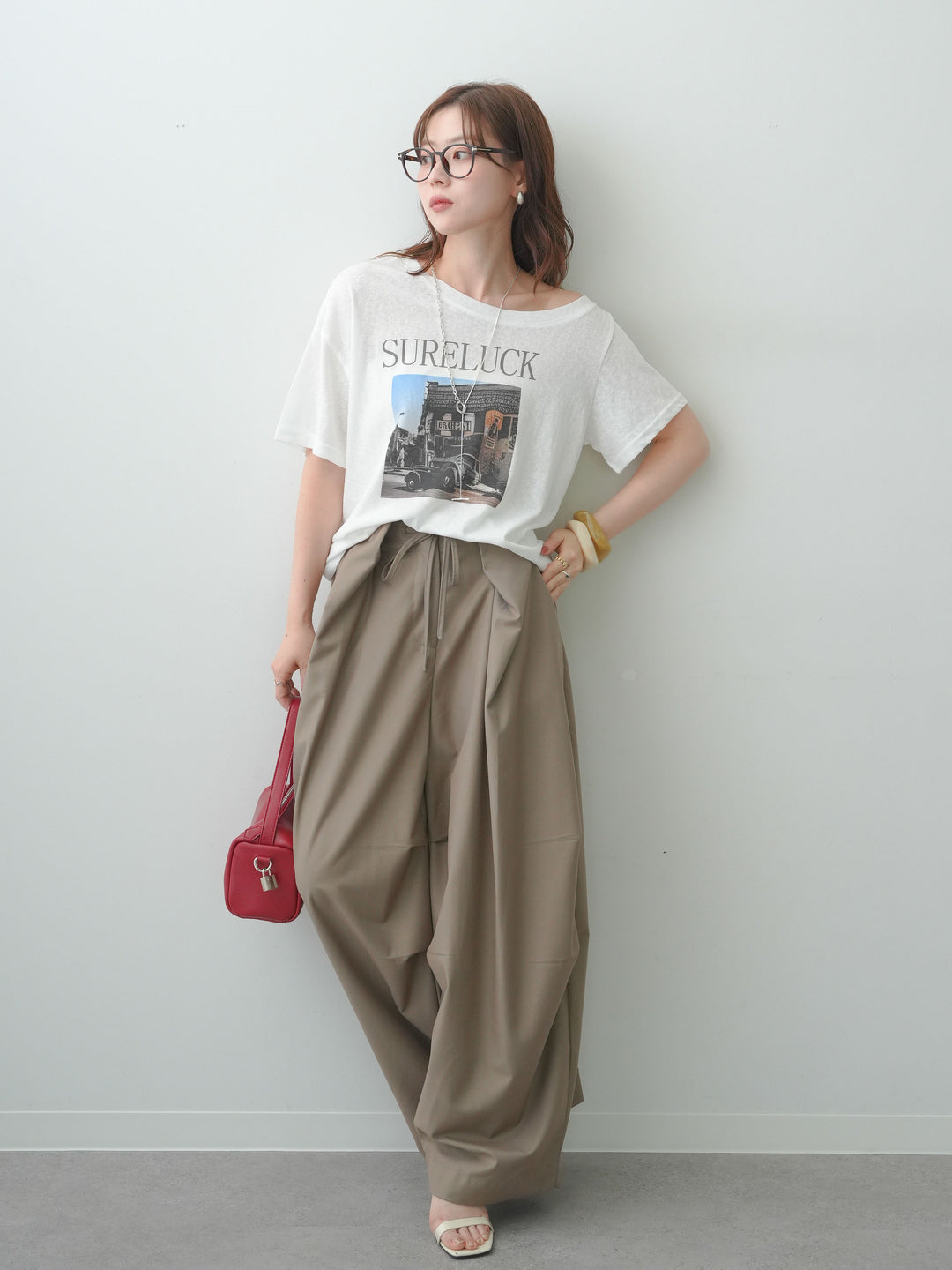 [SET]ワイドネックプリントTEE+ベルトループカーブタックワイドパンツ(2set)