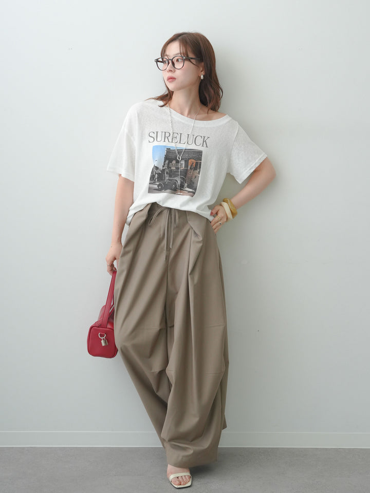 [SET]ワイドネックプリントTEE+ベルトループカーブタックワイドパンツ(2set)