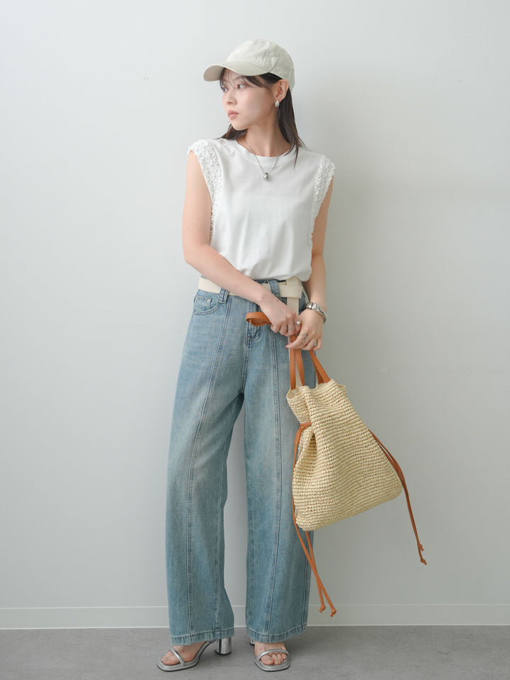 [SET]ホイップフリルフレンチTEE+センターラインワイドストレートデニム(2set)
