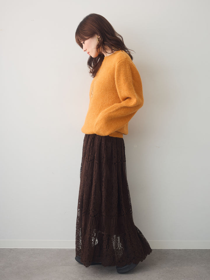 [SET]ソフトヘアリークルーネックニットトップス+ベロアレースドレープフレアスカート(2set)