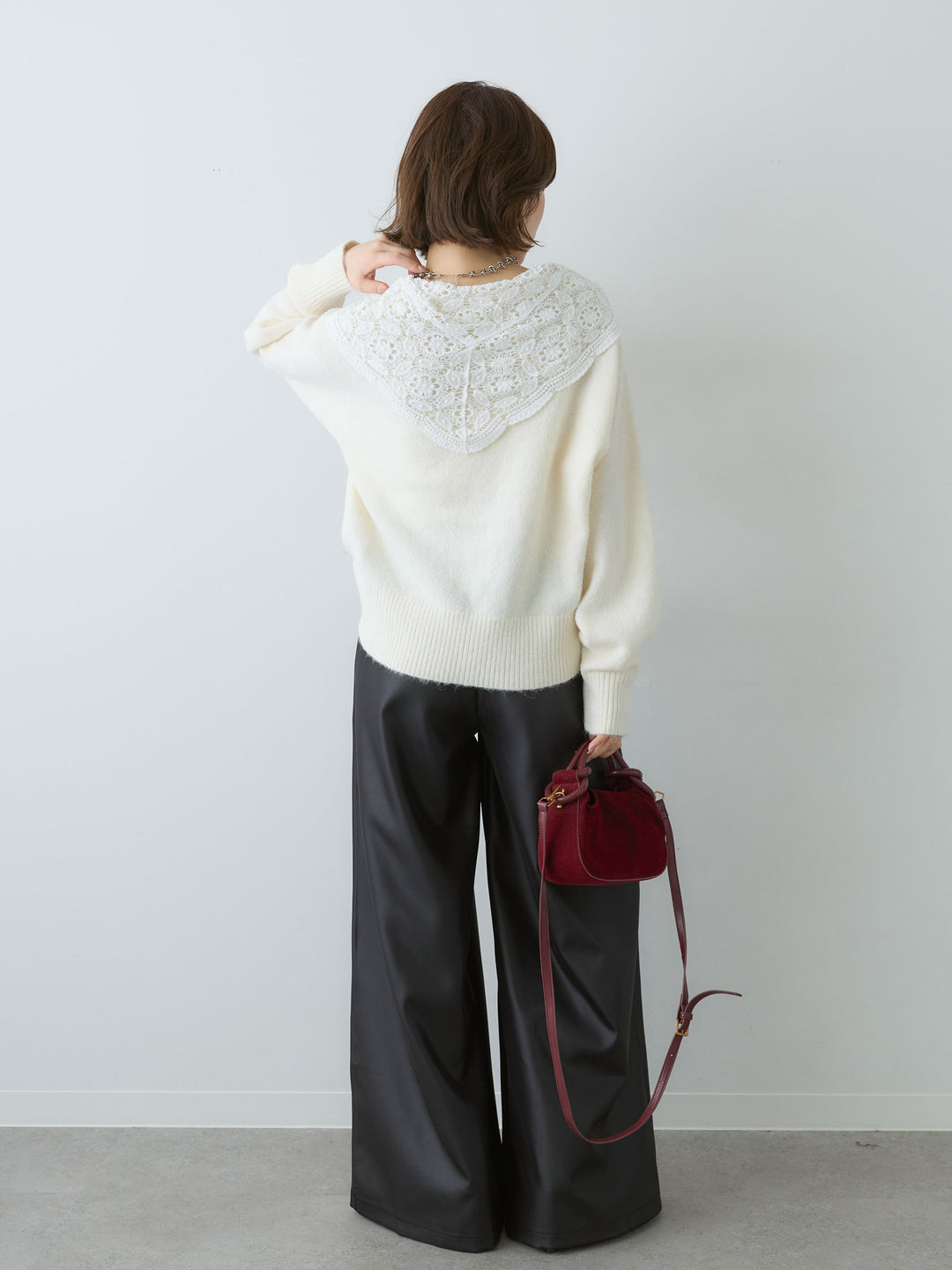 [SET]モヘアレースショールカラーカーディガン+サテンタックワイドパンツ(2set)