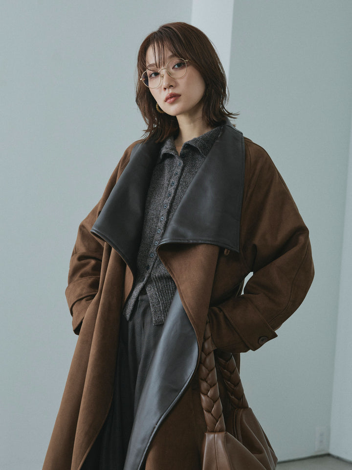[予約]レザーカラースウェードロングコート/brown