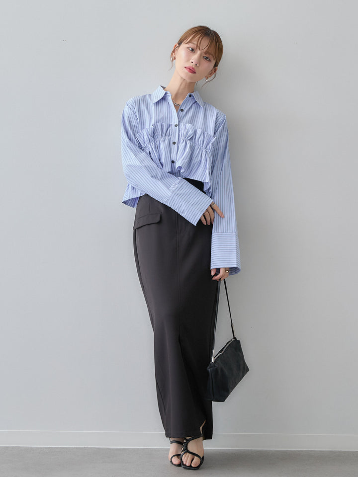 [SET]ストライプフリルシャツ+クレープデシンフラップ付きストレートスカート(2set)