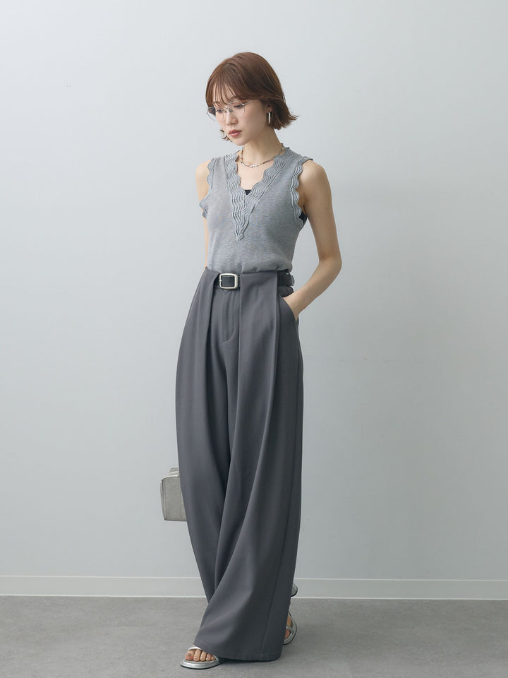 [SET]カーブデザインリブニットタンクトップ+ベルトループデザインワイドパンツ(2set)