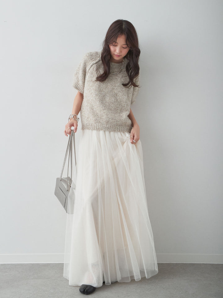 [SET]メランジショートニットトップス+チュールボリュームスカート(2set)