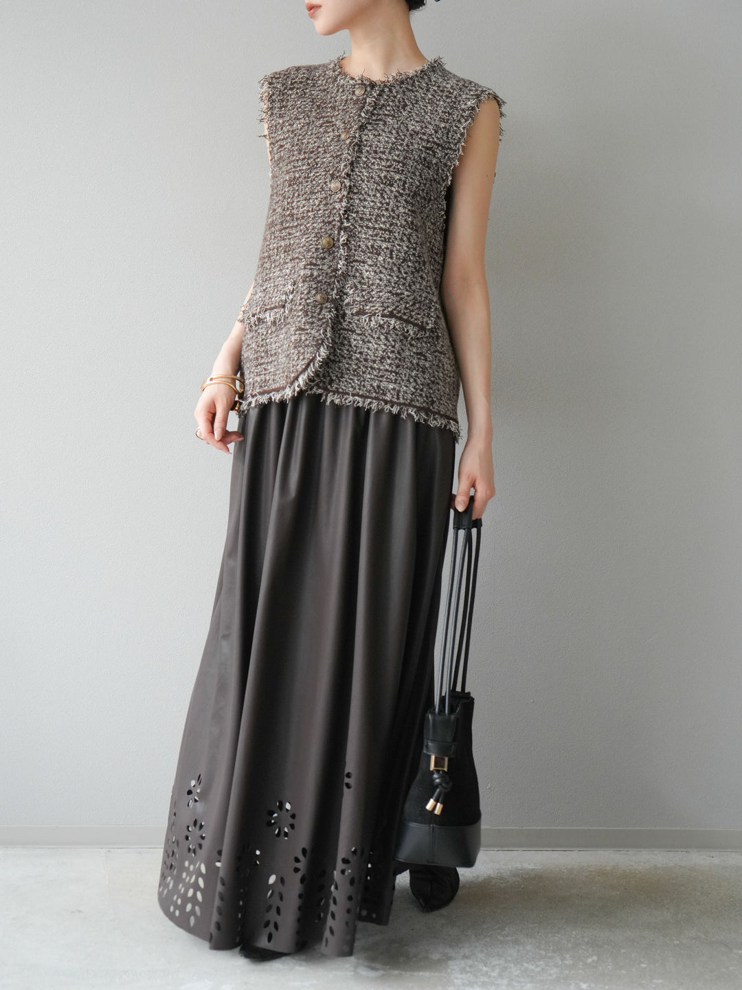 [予約]ミックスツイードフリンジニットベスト/ブラウン