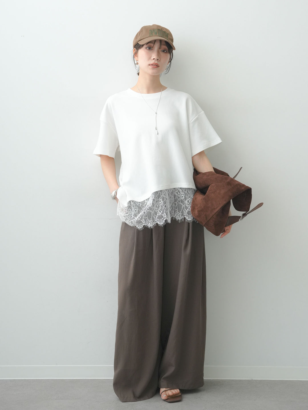[SET]アシメレースヘムワイドTEE+ベルトデザインタックドレープワイドパンツ(2set)