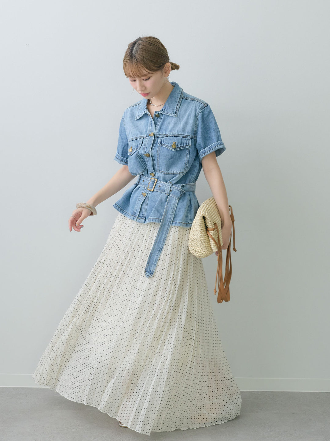 [SET]ライトウォッシュハーフデニムシャツジャケット+ドットプリーツスカート(2set)