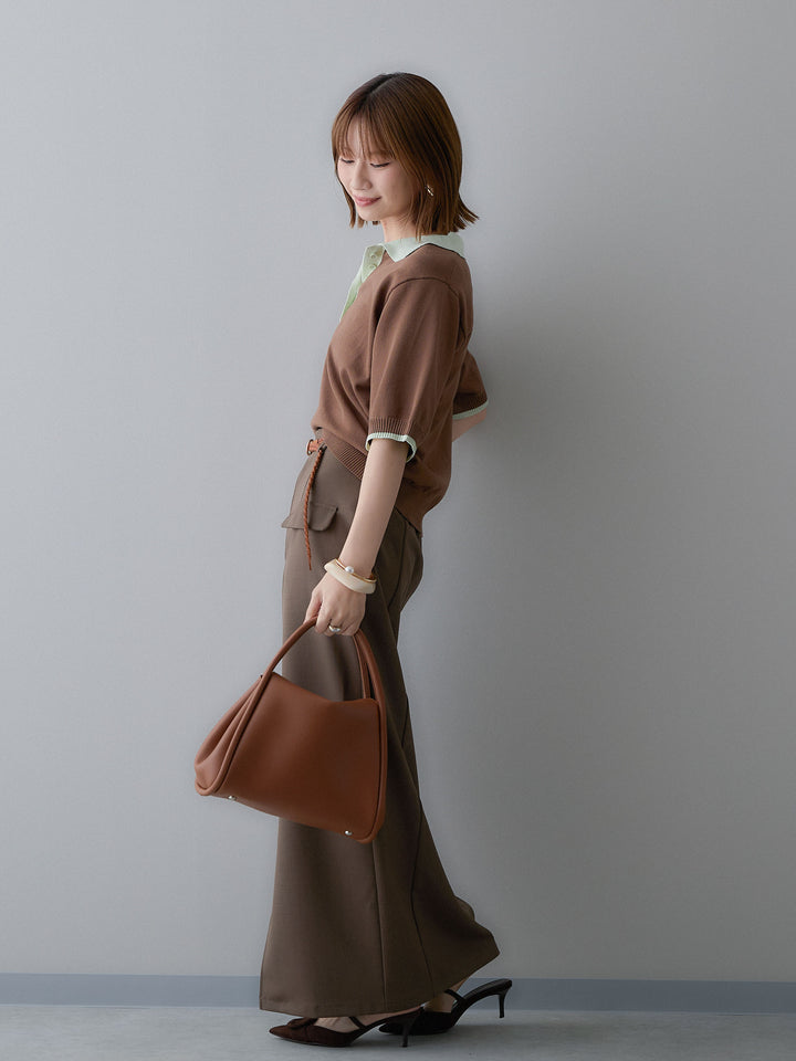 [SET]クールタッチバイカラーハーフニットポロ+クレープデシンフラップ付きストレートスカート(2set)