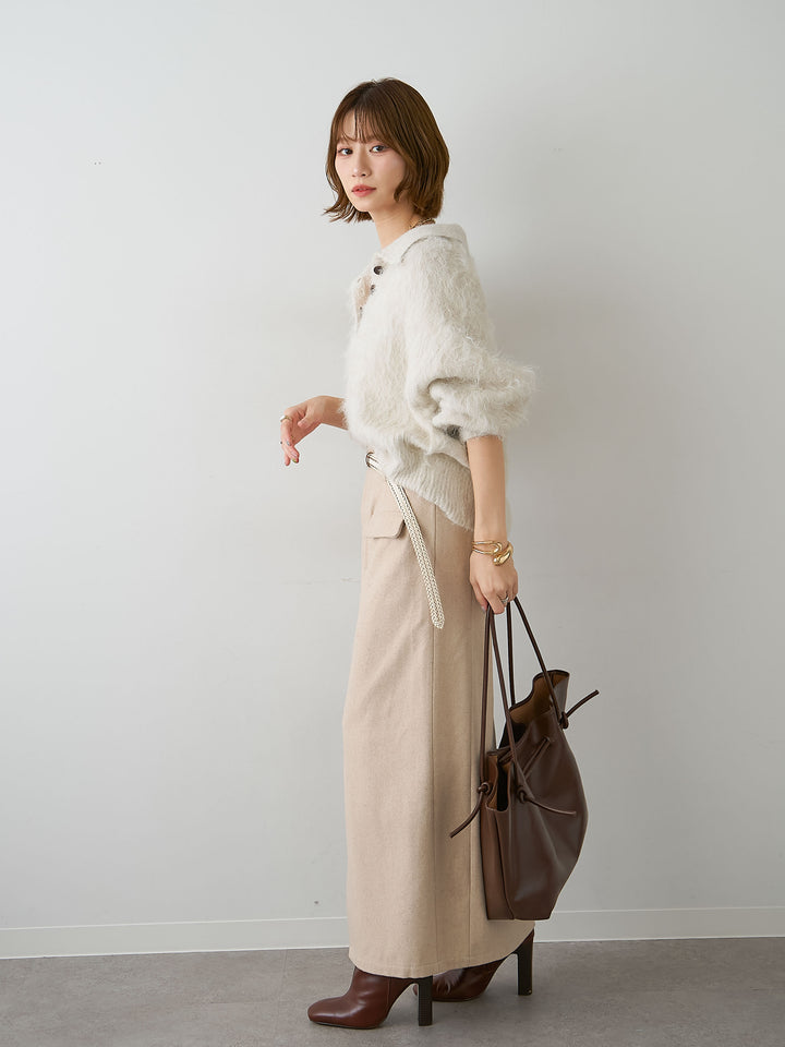 [SET]ヘンリーシャギーニットトップス+メルトンフラップ付ストレートスカート(2set)